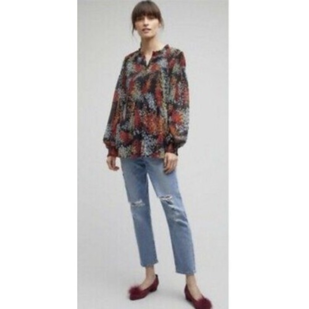 Akemi + Kim‎ Anthropologie Floral Smocked Peplum Blouse Black Multi Long Sleeve